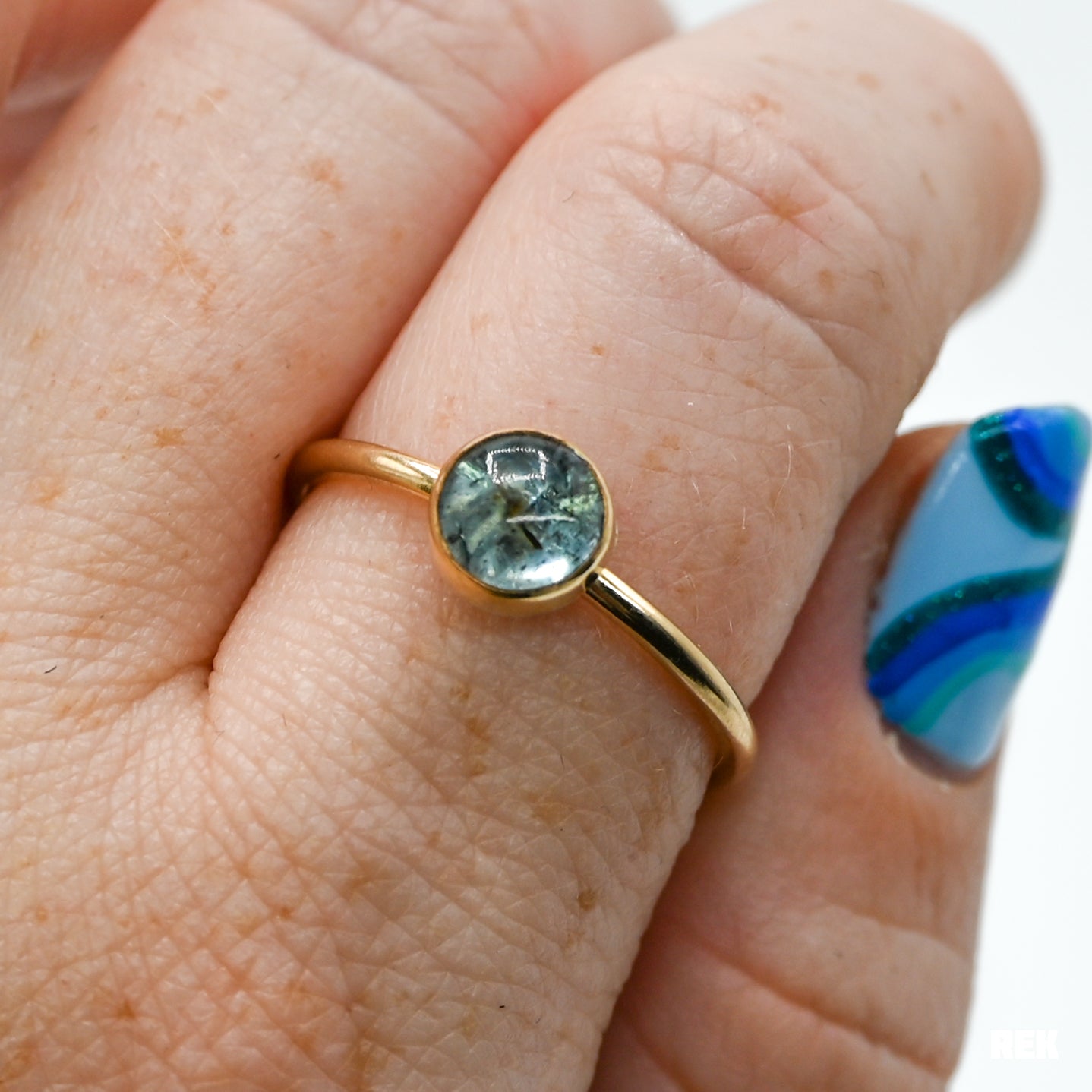 Gold fill round moss aquamarine size 9.75