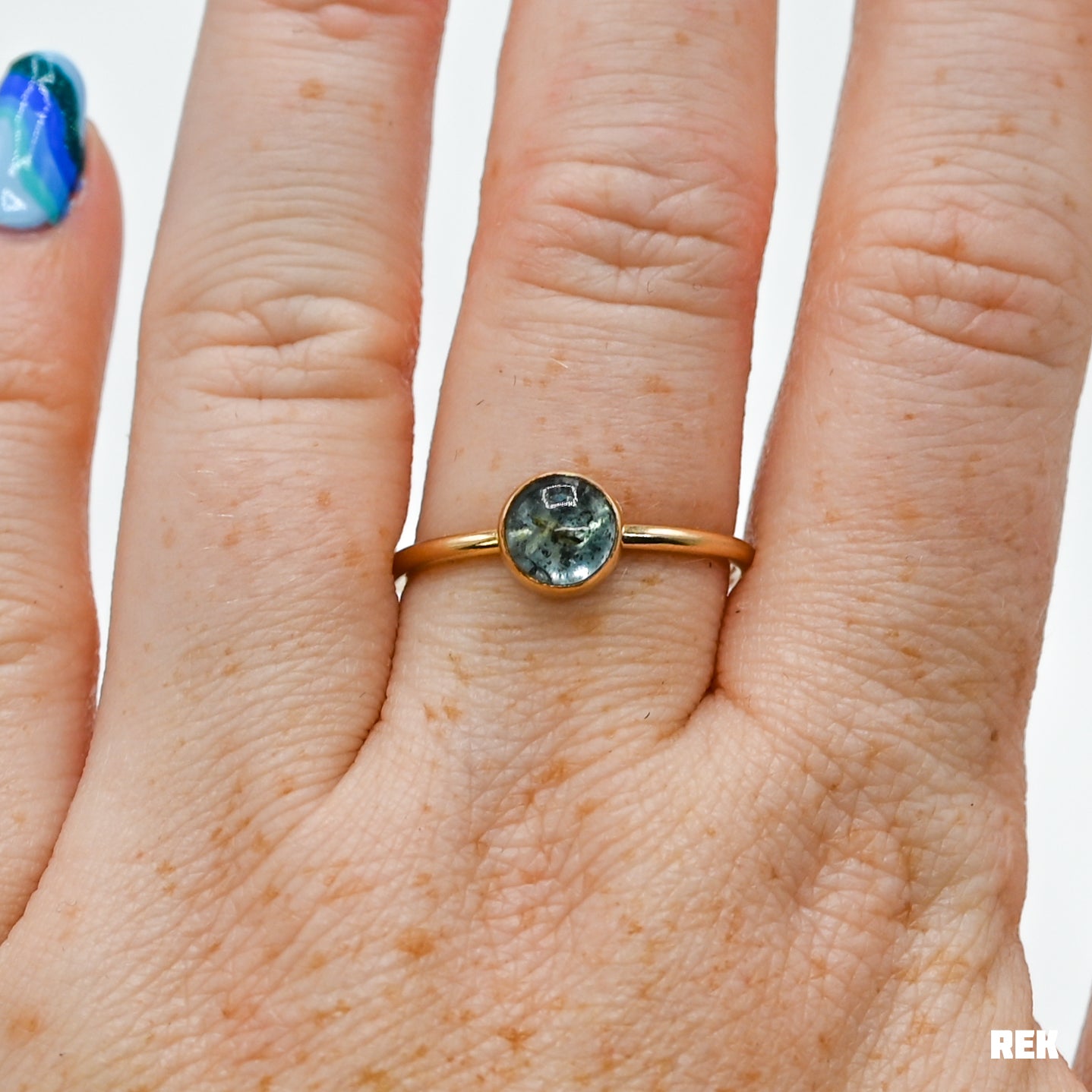 Gold fill round moss aquamarine size 9.75