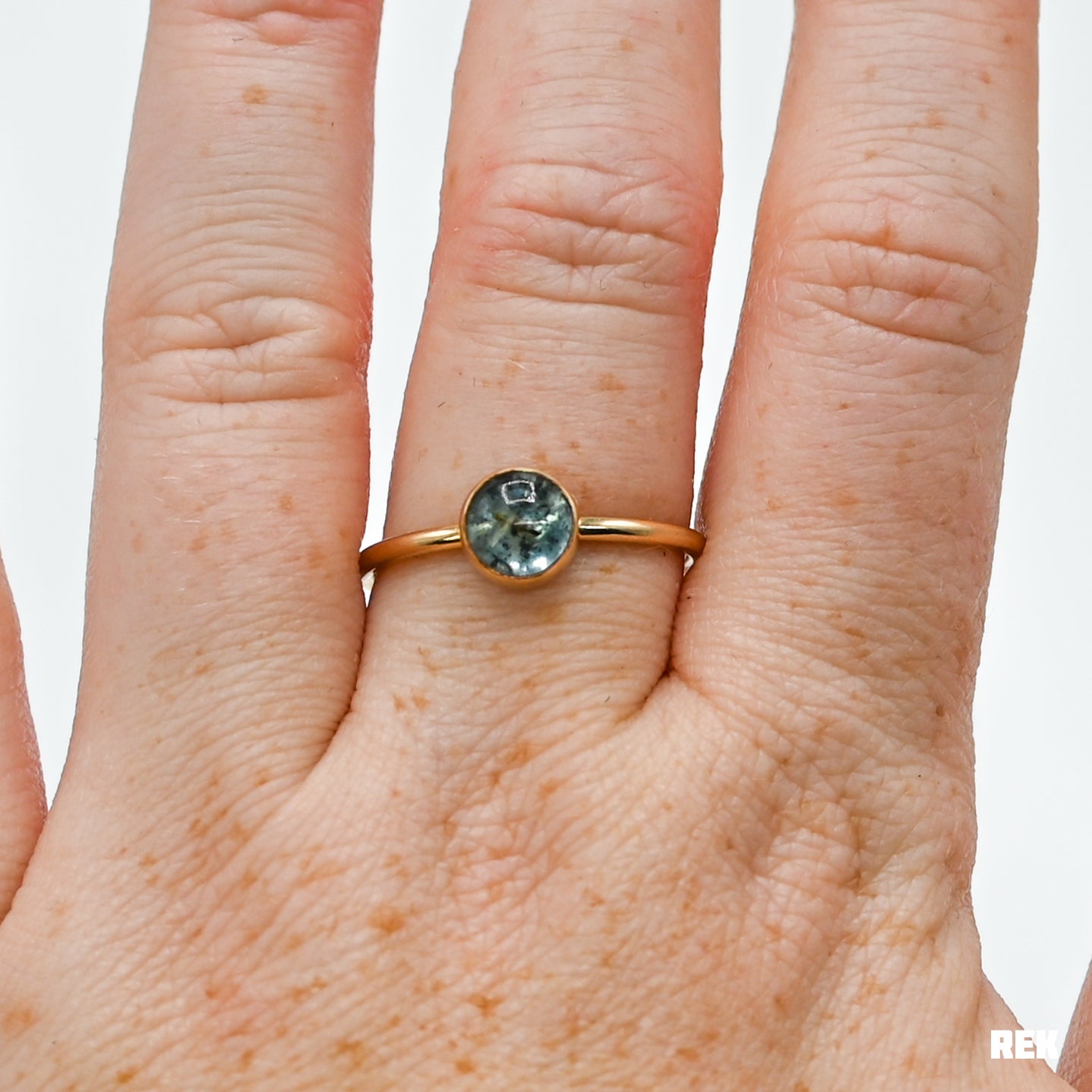 Gold fill round moss aquamarine size 9.75