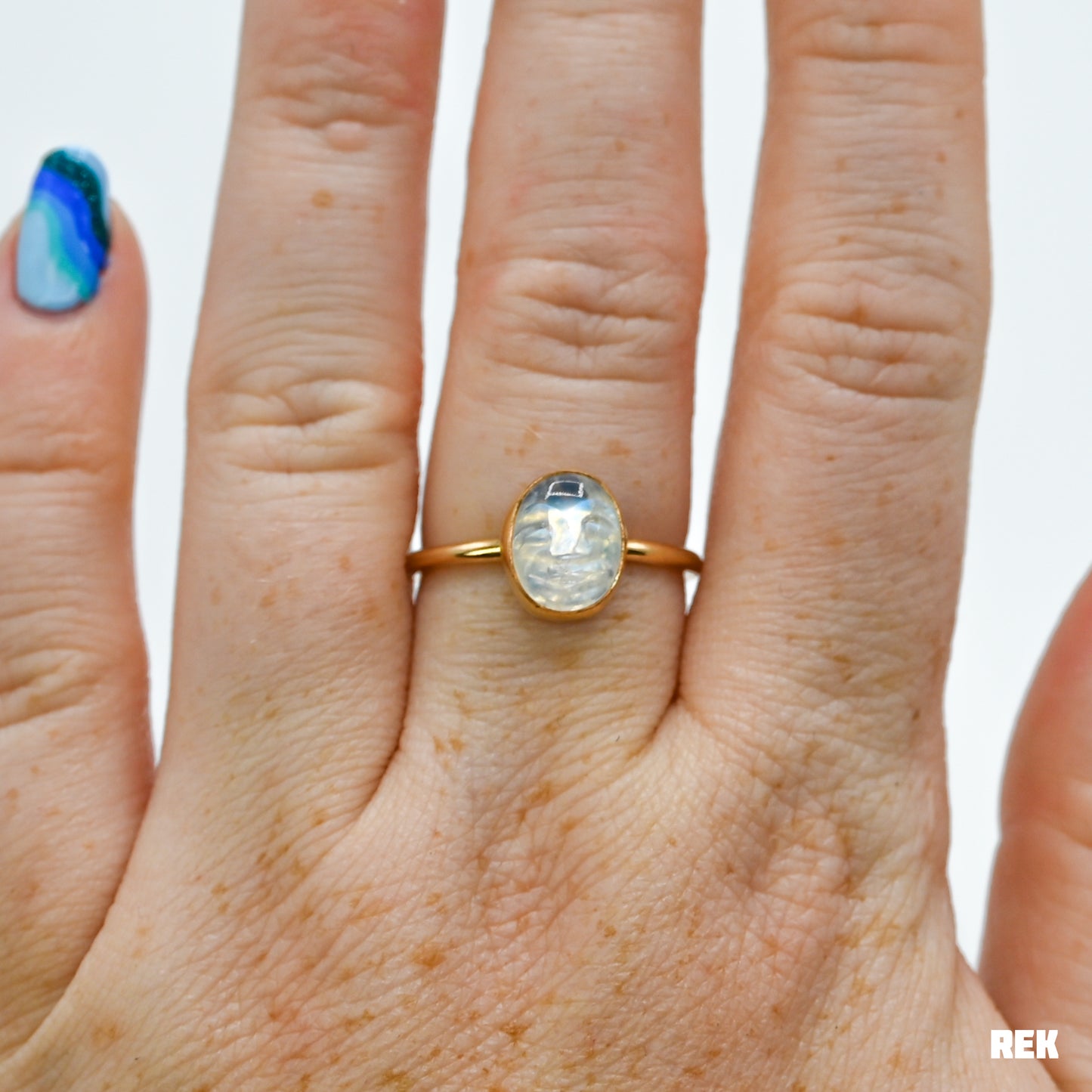 Gold fill rainbow moonstone carved face size 8.5