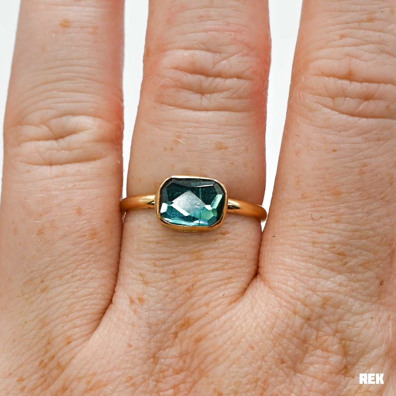 Gold fill rectangle rose cut teal tourmaline size 8.75