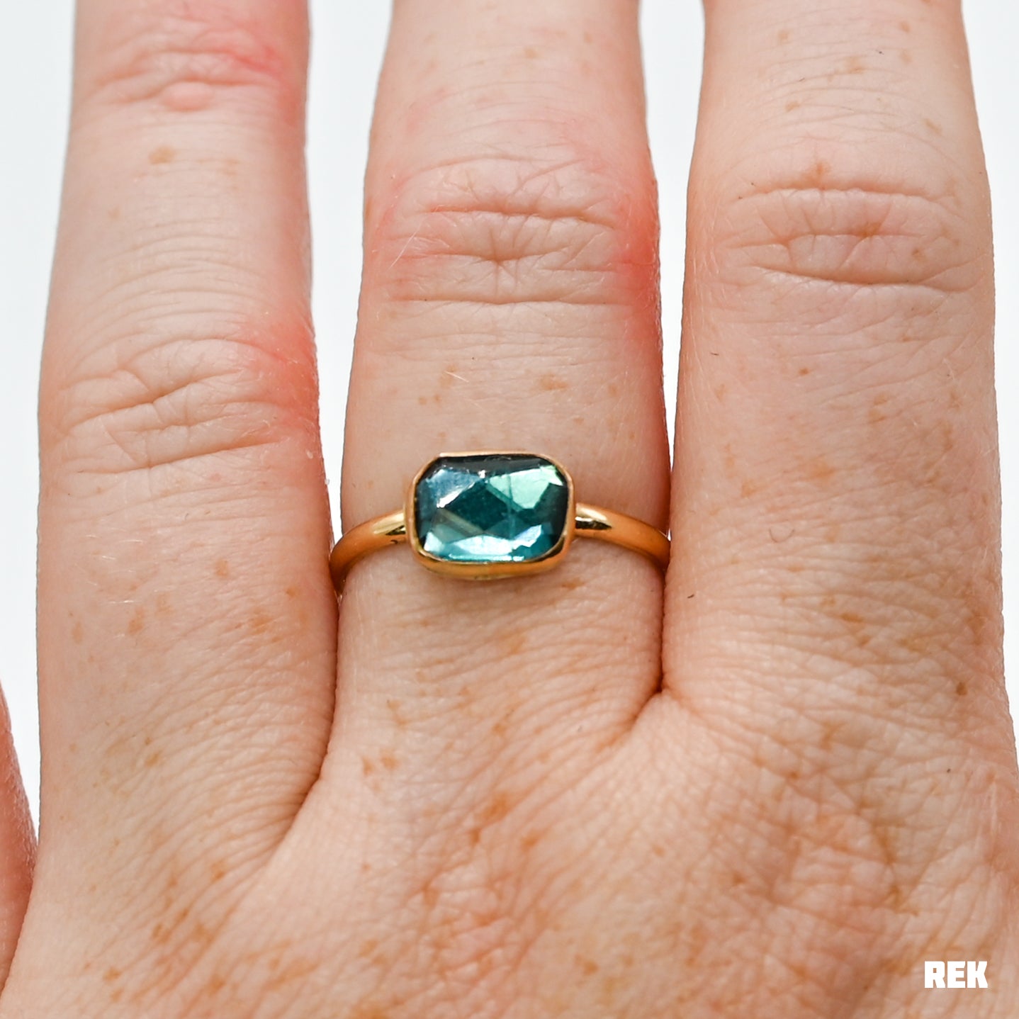 Gold fill rectangle rose cut teal tourmaline size 8.75