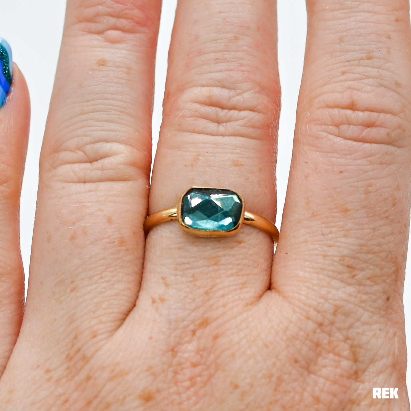 Gold fill rectangle rose cut teal tourmaline size 8.75