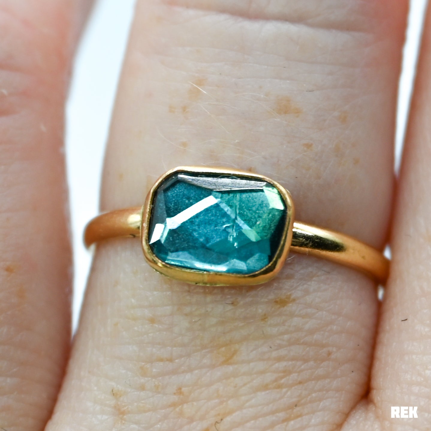 Gold fill rectangle rose cut teal tourmaline size 8.75