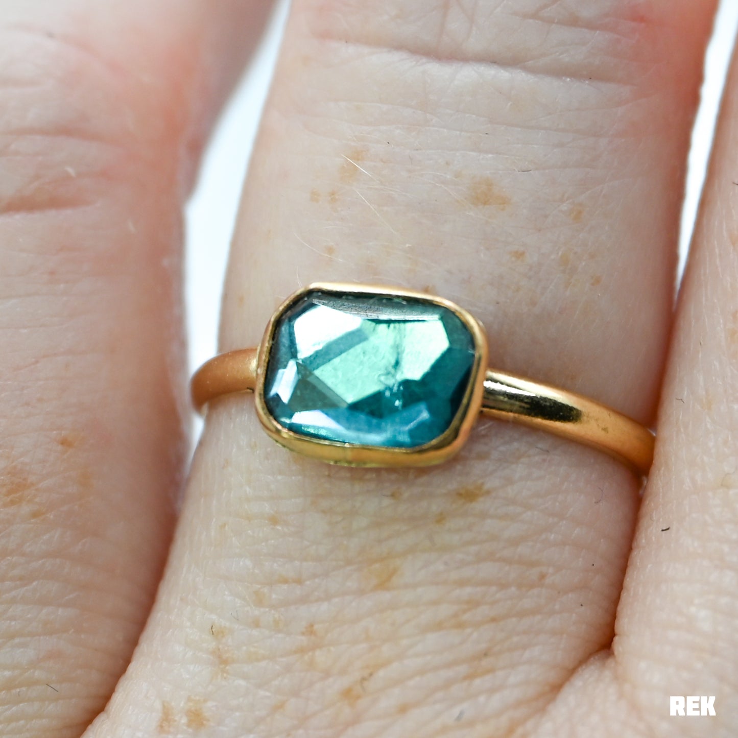 Gold fill rectangle rose cut teal tourmaline size 8.75