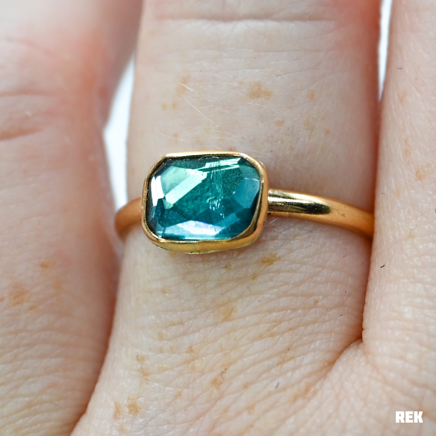 Gold fill rectangle rose cut teal tourmaline size 8.75