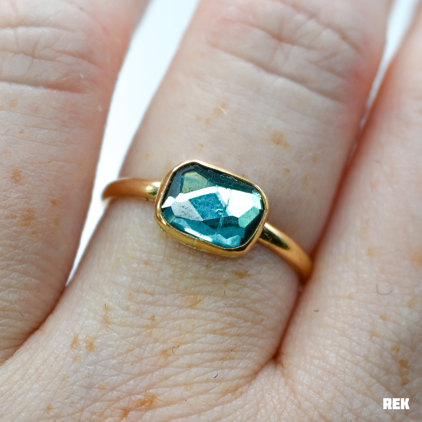 Gold fill rectangle rose cut teal tourmaline size 8.75