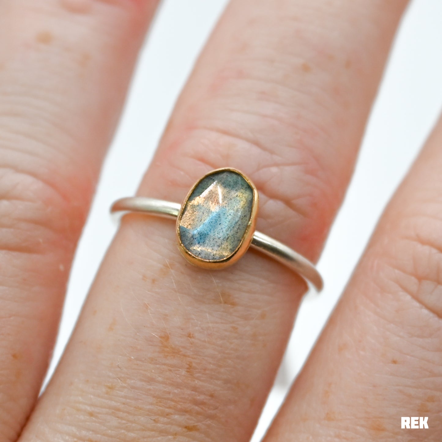 Gold fill bezel, sterling silver matte band and rose cut labradorite size 7.75