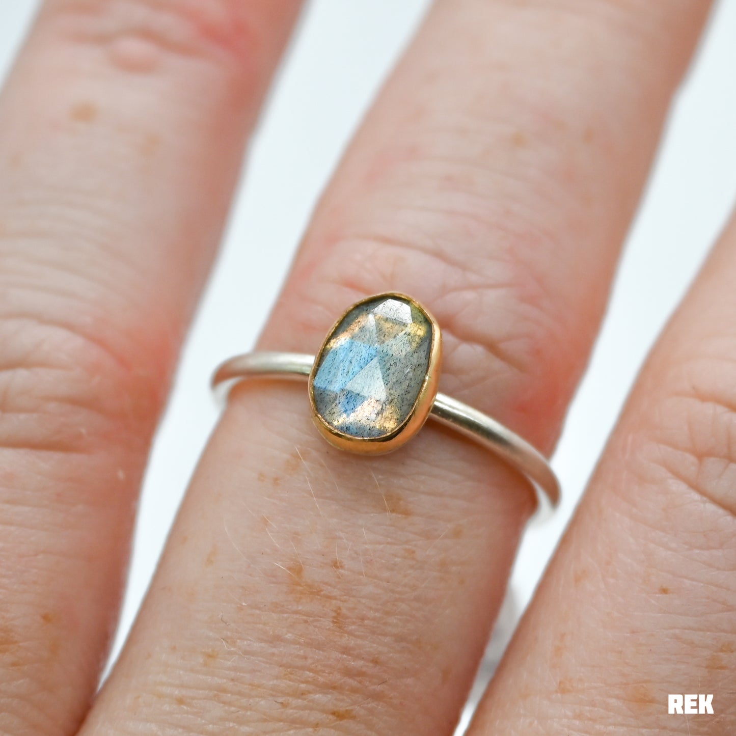Gold fill bezel, sterling silver matte band and rose cut labradorite size 7.75