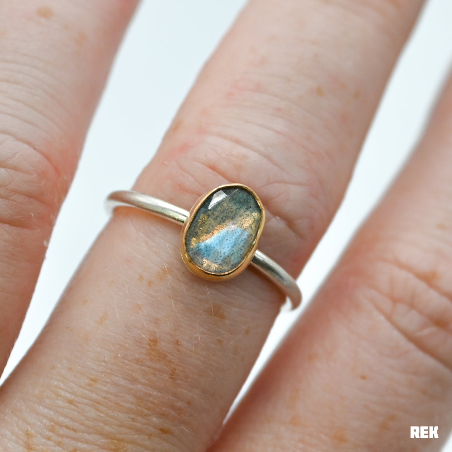 Gold fill bezel, sterling silver matte band and rose cut labradorite size 7.75