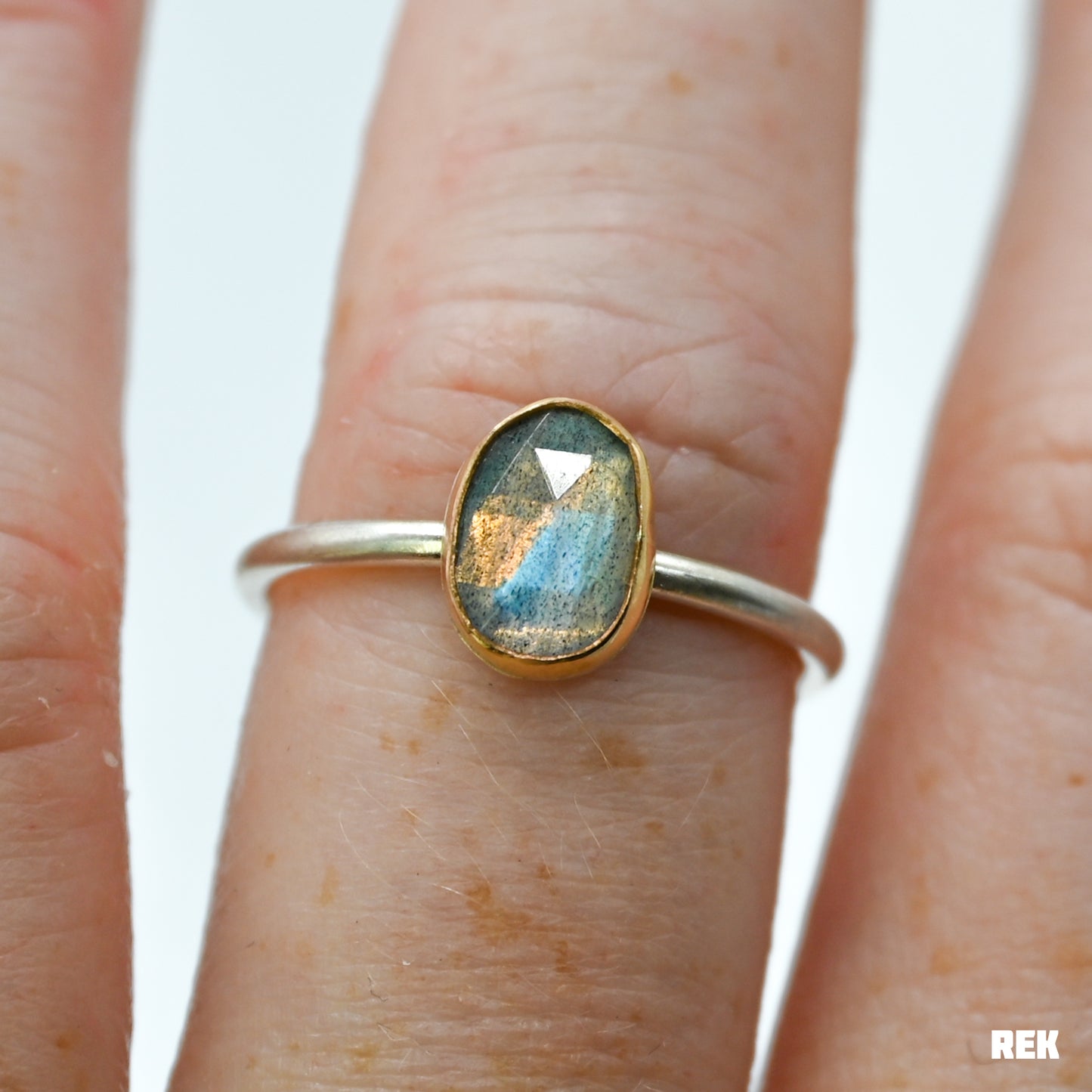 Gold fill bezel, sterling silver matte band and rose cut labradorite size 7.75