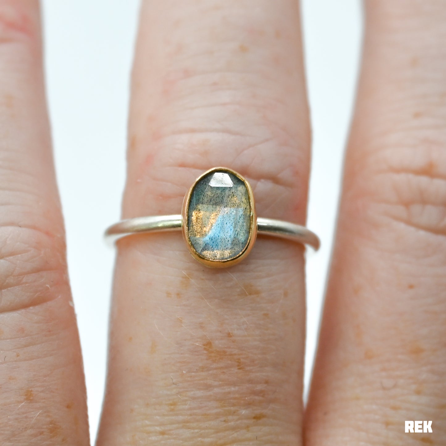 Gold fill bezel, sterling silver matte band and rose cut labradorite size 7.75
