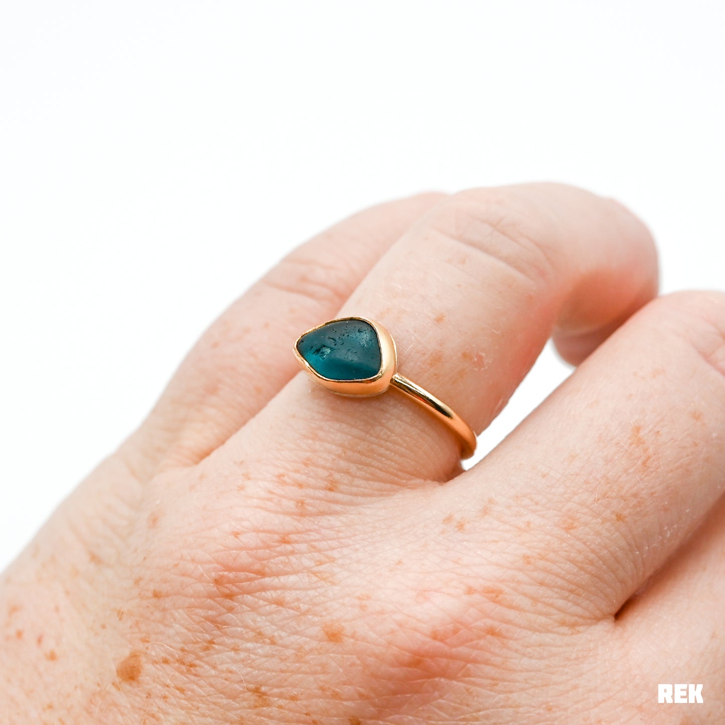 Gold fill dark teal sea glass size 7