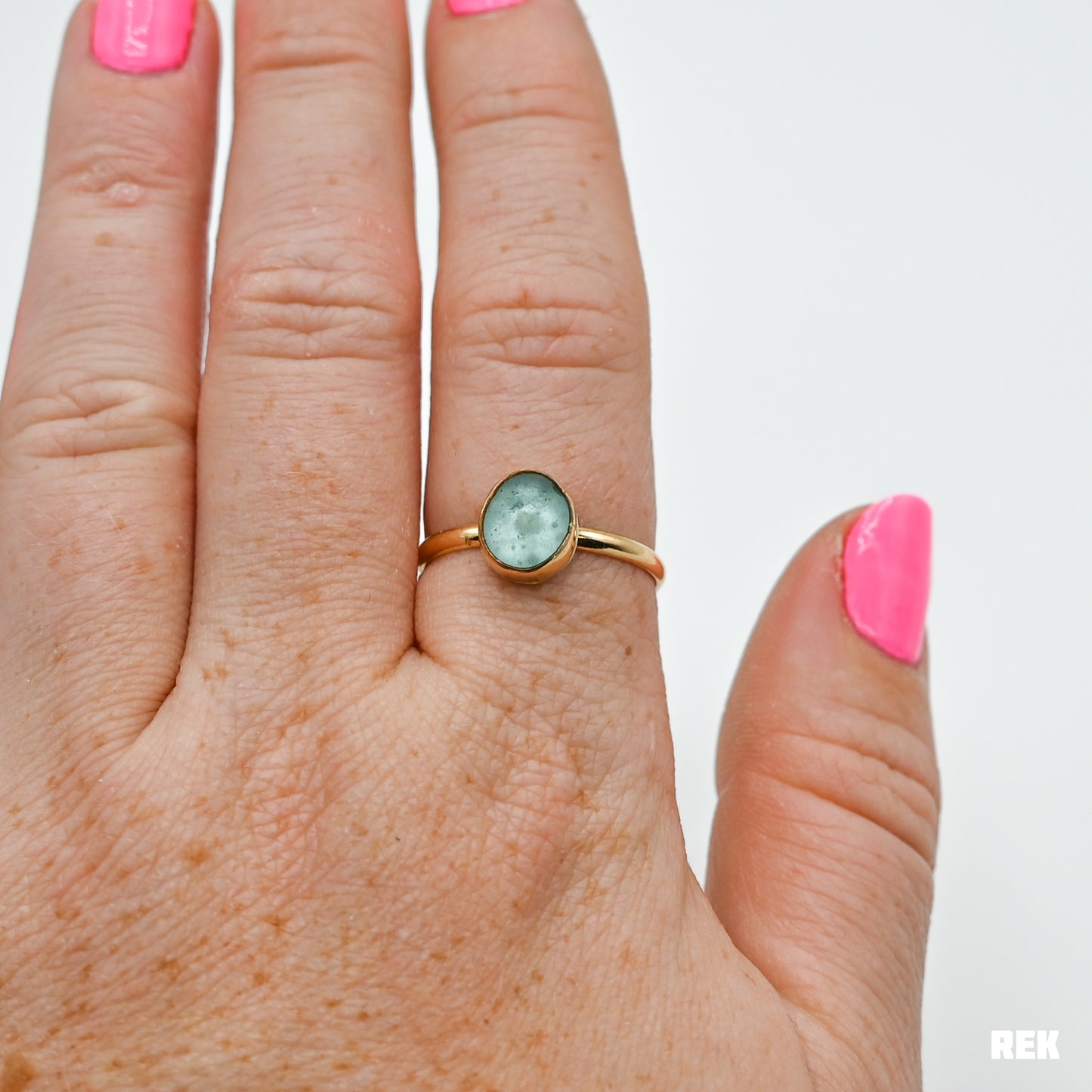 Gold fill bonfire aqua sea glass size 8.75