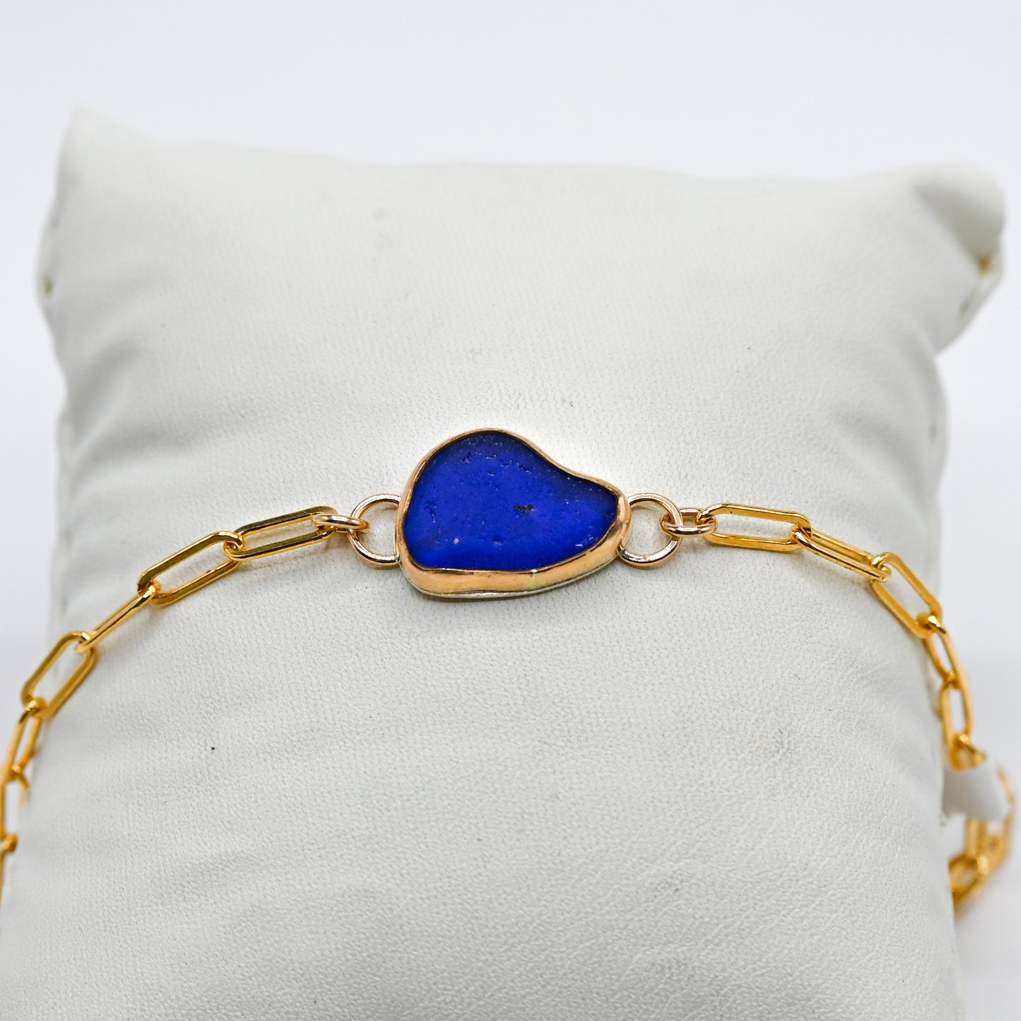 Gold fill cobalt sea glass paperclip bracelet