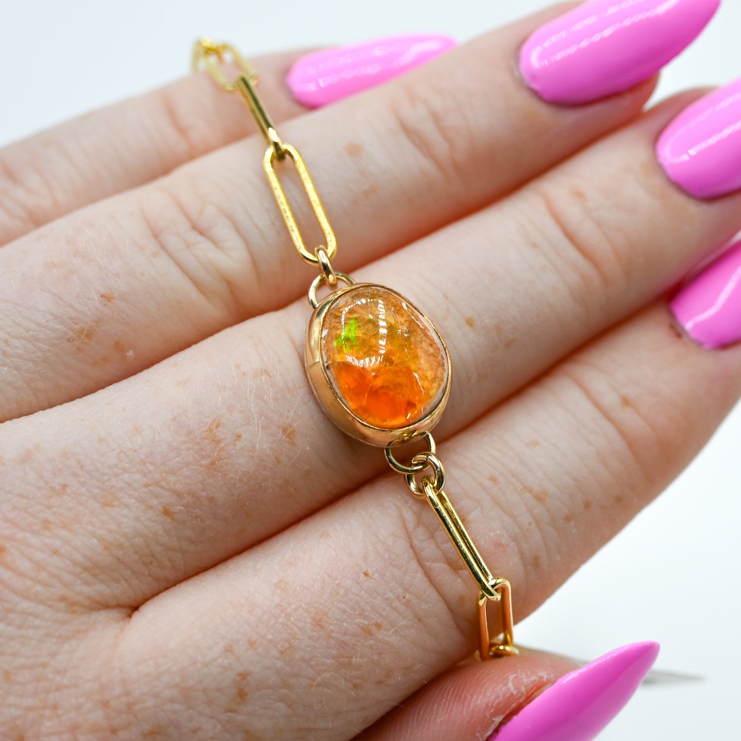 Gold fill Mexican fire opal paperclip chain bracelet