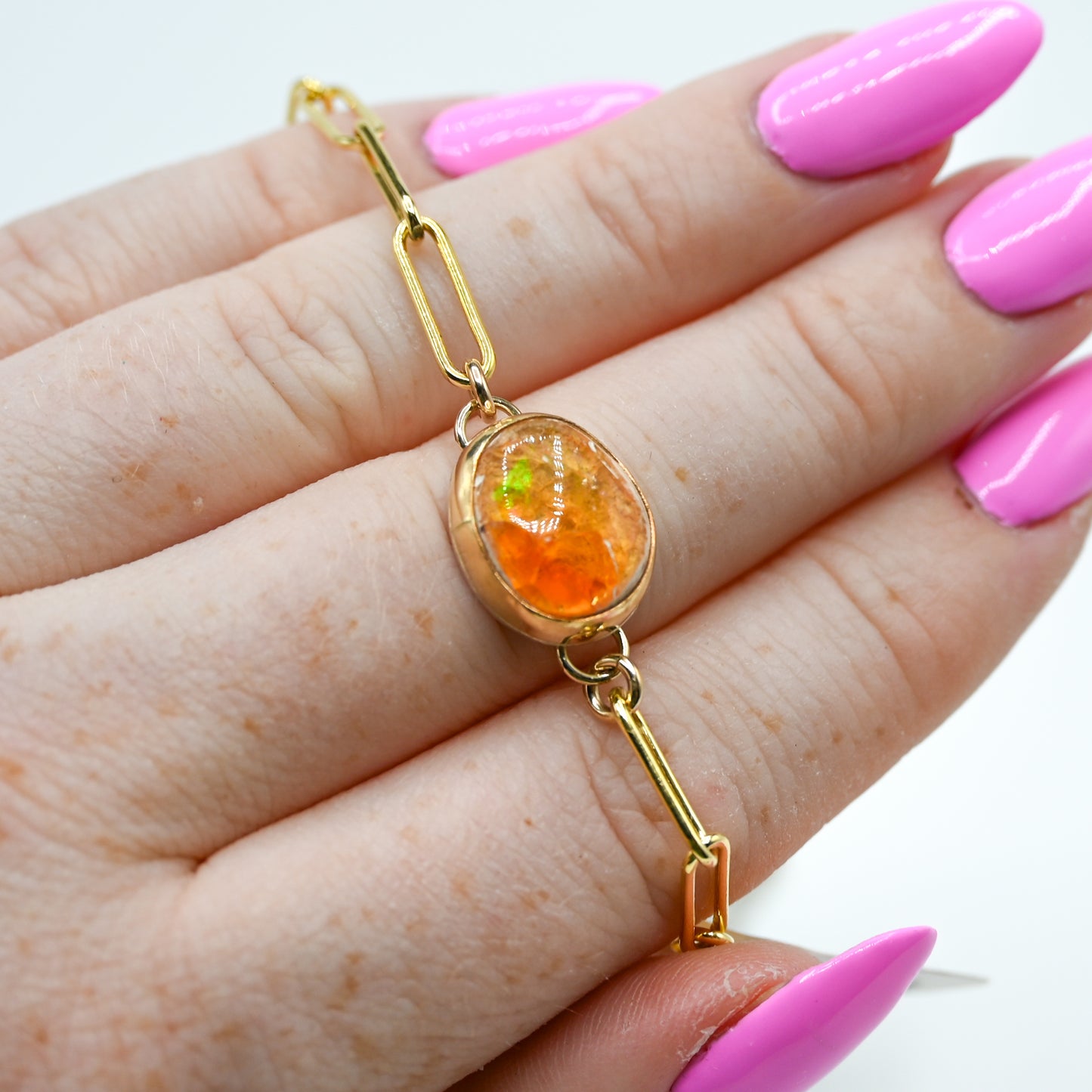 Gold fill Mexican fire opal paperclip chain bracelet