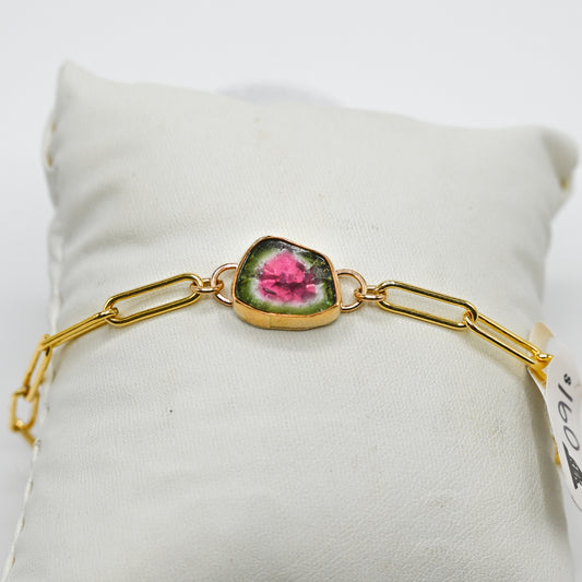 Gold fill watermelon tourmaline slice paperclip bracelet