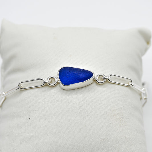 Cobalt sea glass paperclip chain bracelet