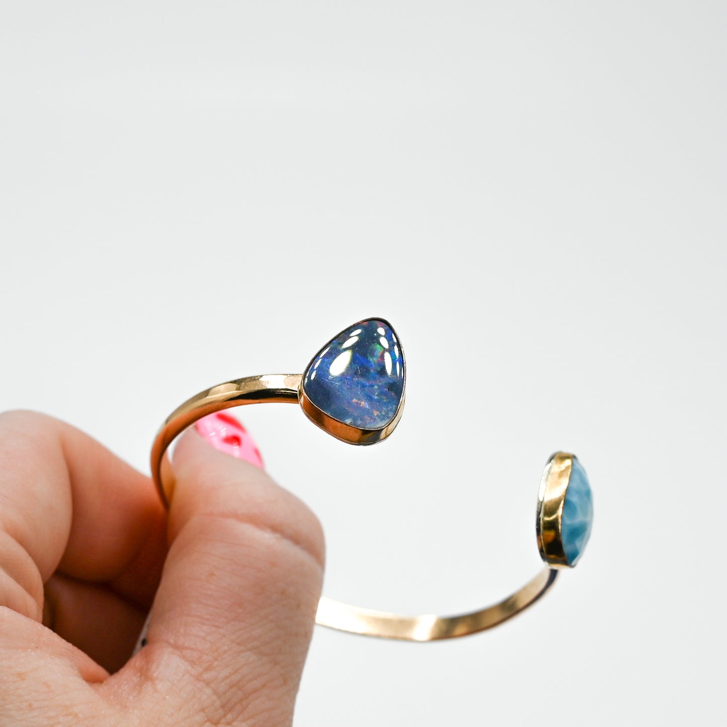Double gold fill cuff with Australian opal and rose cut larimar