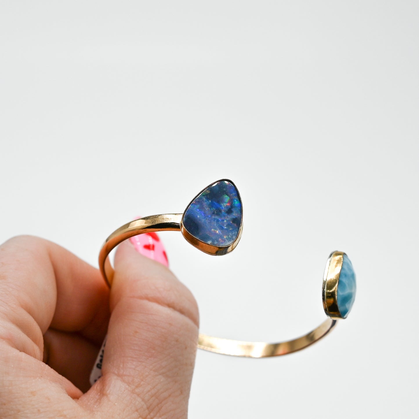 Double gold fill cuff with Australian opal and rose cut larimar