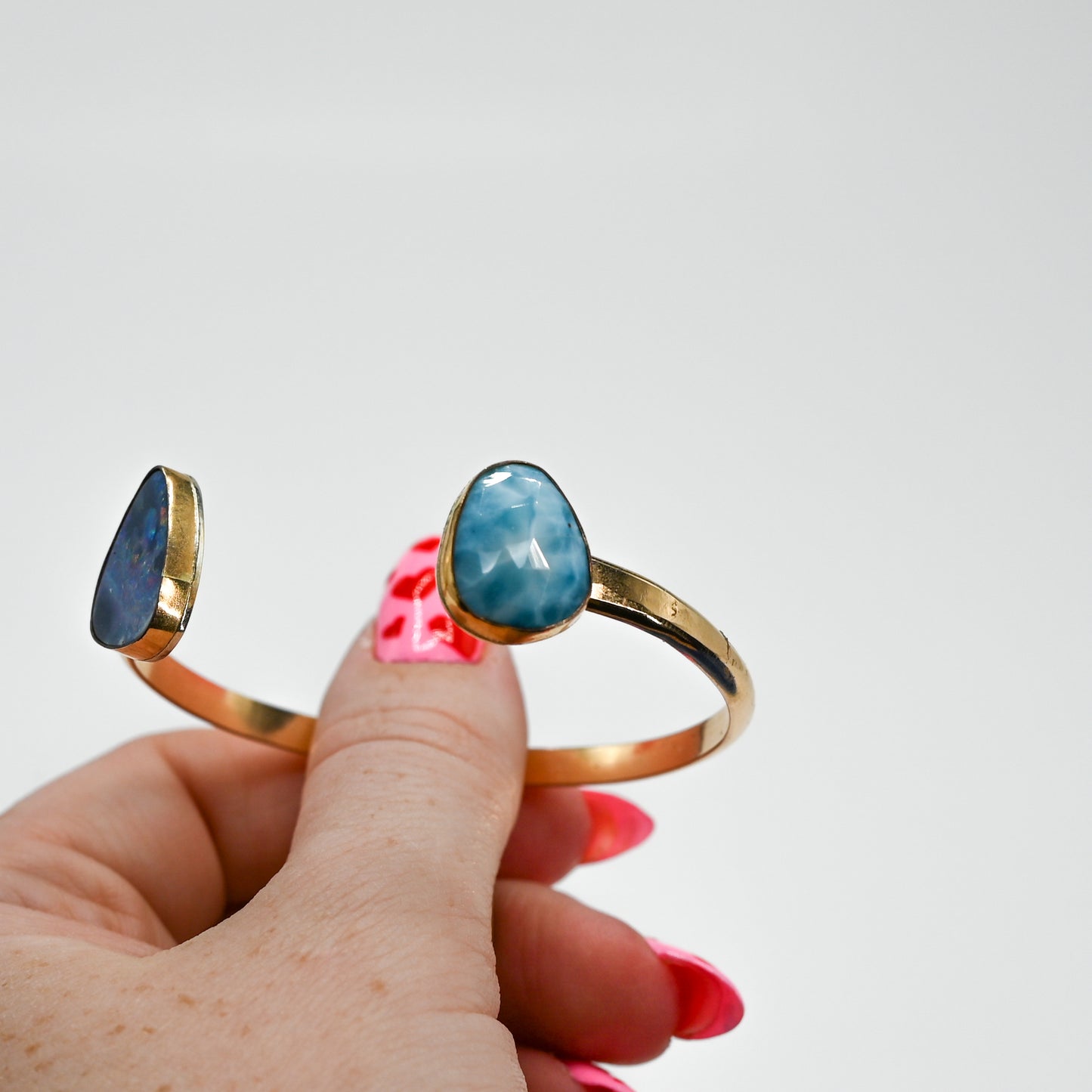 Double gold fill cuff with Australian opal and rose cut larimar