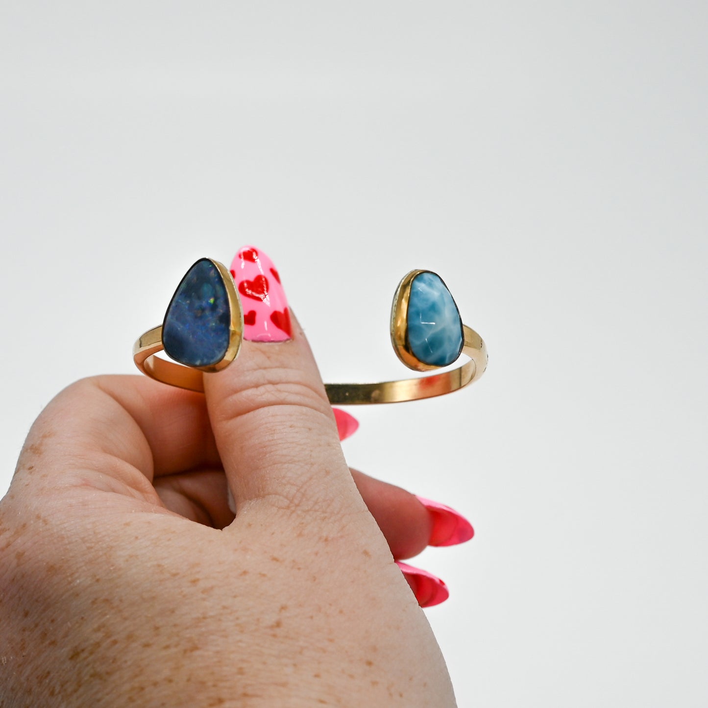 Double gold fill cuff with Australian opal and rose cut larimar