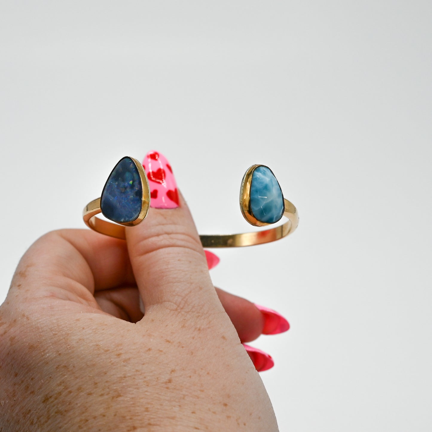 Double gold fill cuff with Australian opal and rose cut larimar
