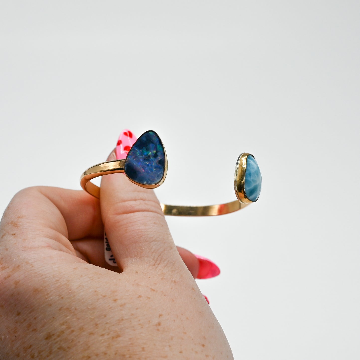 Double gold fill cuff with Australian opal and rose cut larimar