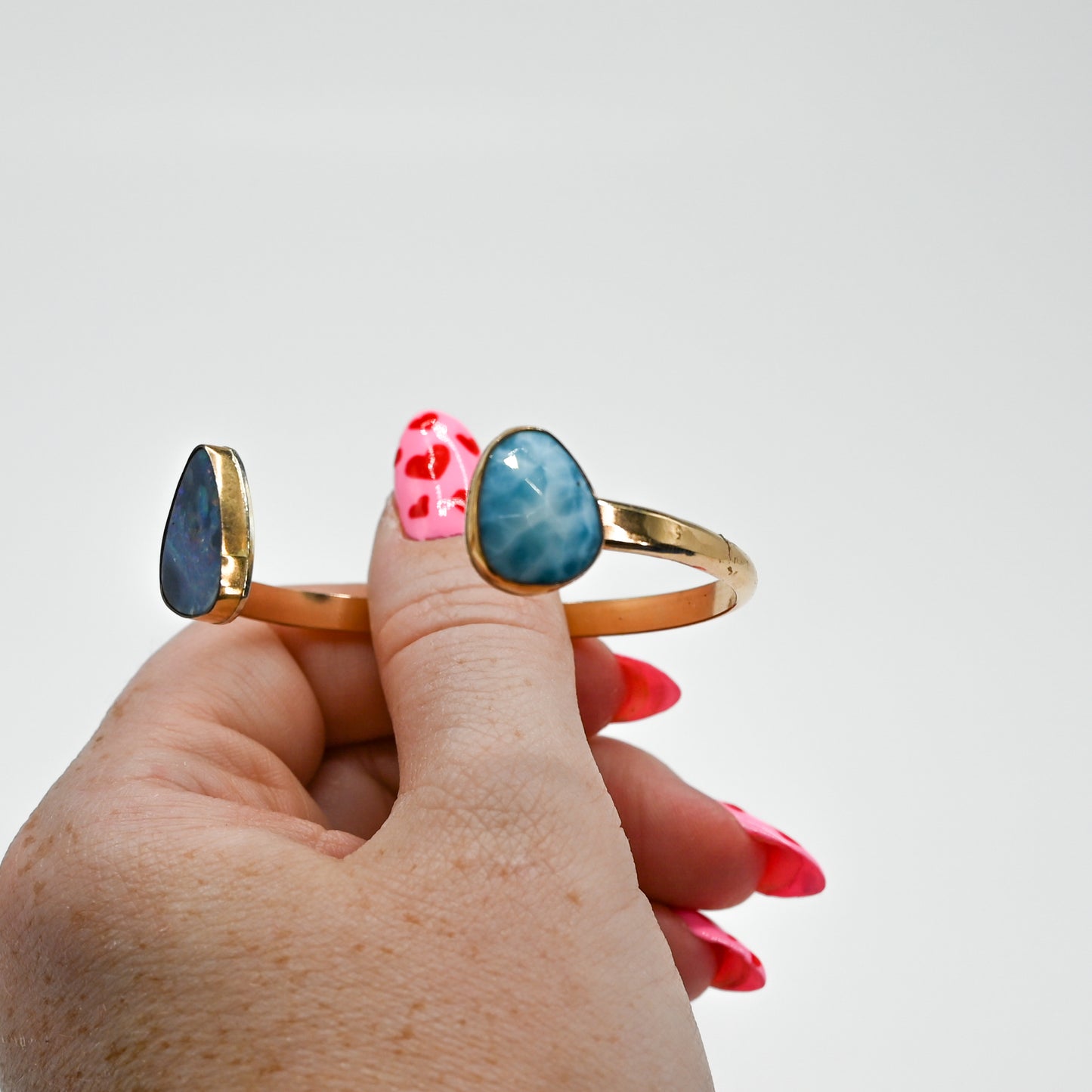 Double gold fill cuff with Australian opal and rose cut larimar