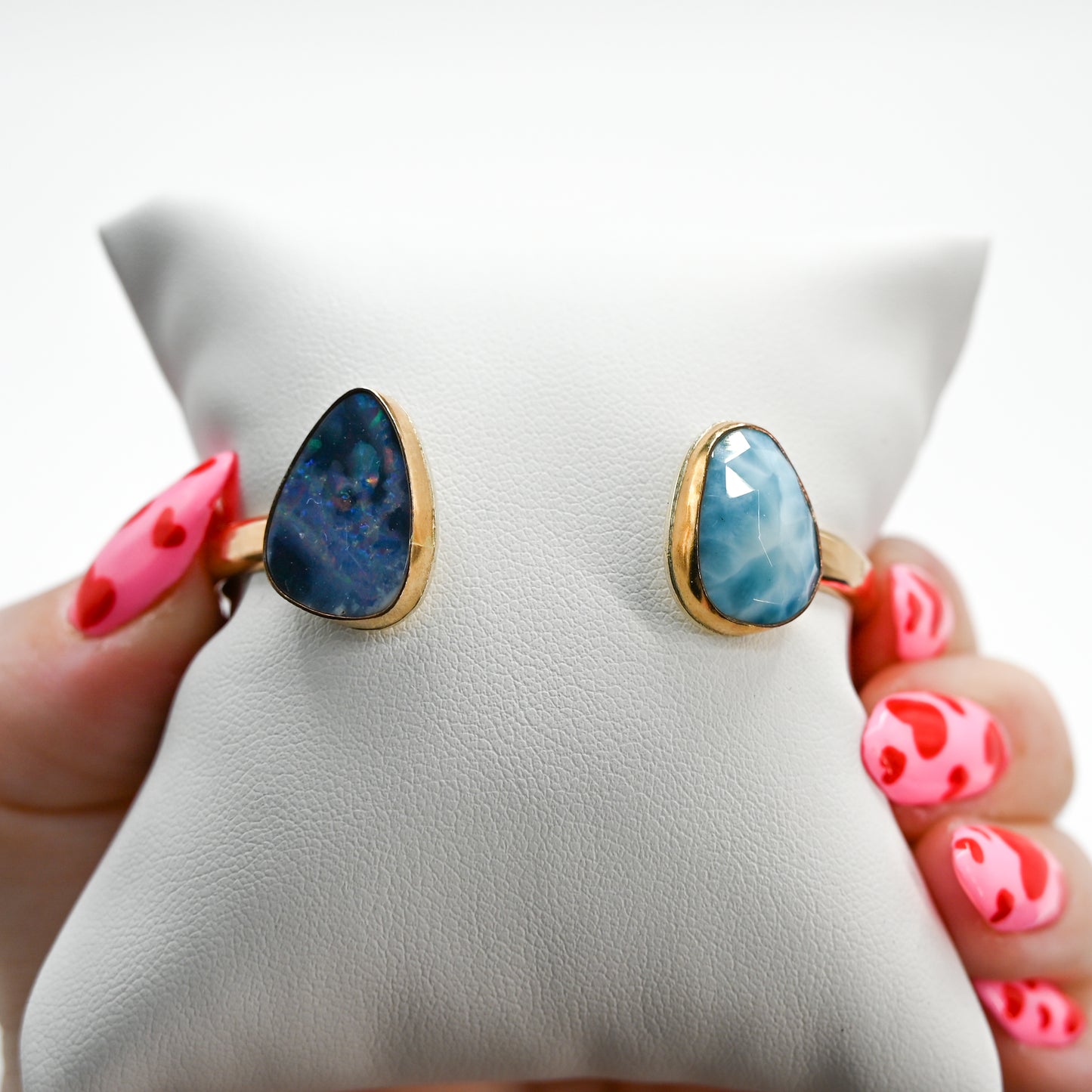 Double gold fill cuff with Australian opal and rose cut larimar