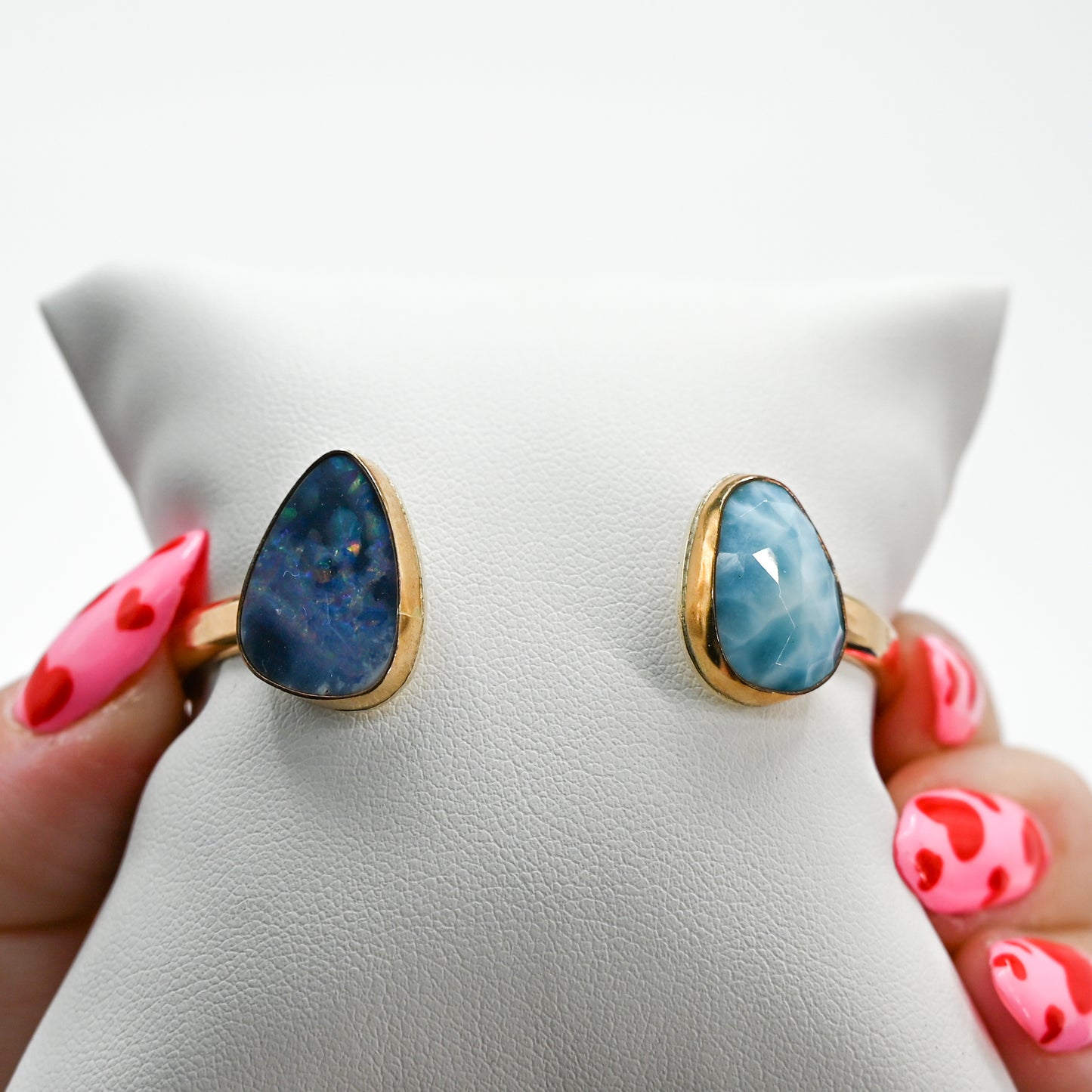 Double gold fill cuff with Australian opal and rose cut larimar