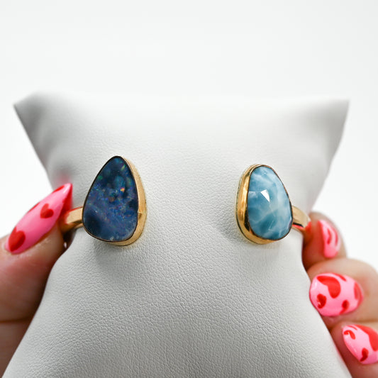 Double gold fill cuff with Australian opal and rose cut larimar
