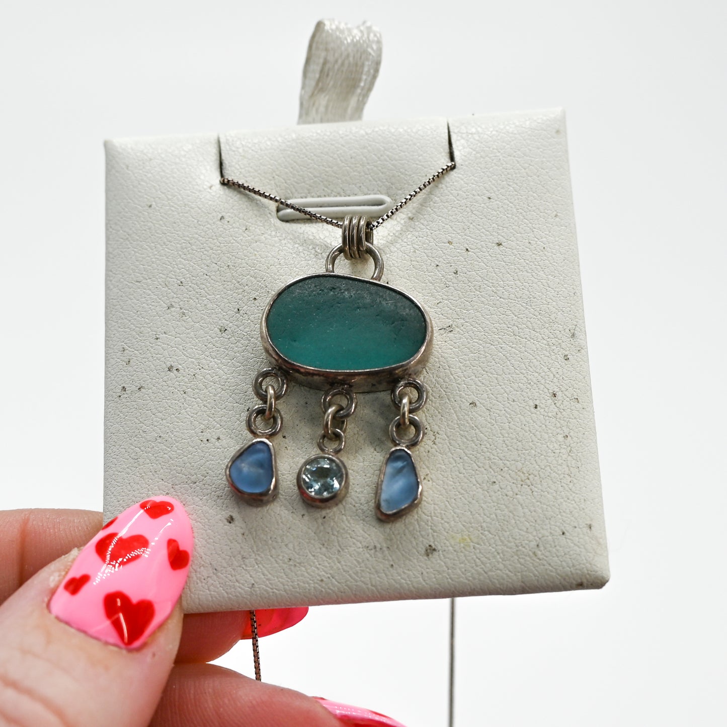 XL aqua sea glass with cornflower and aquamarine dangles