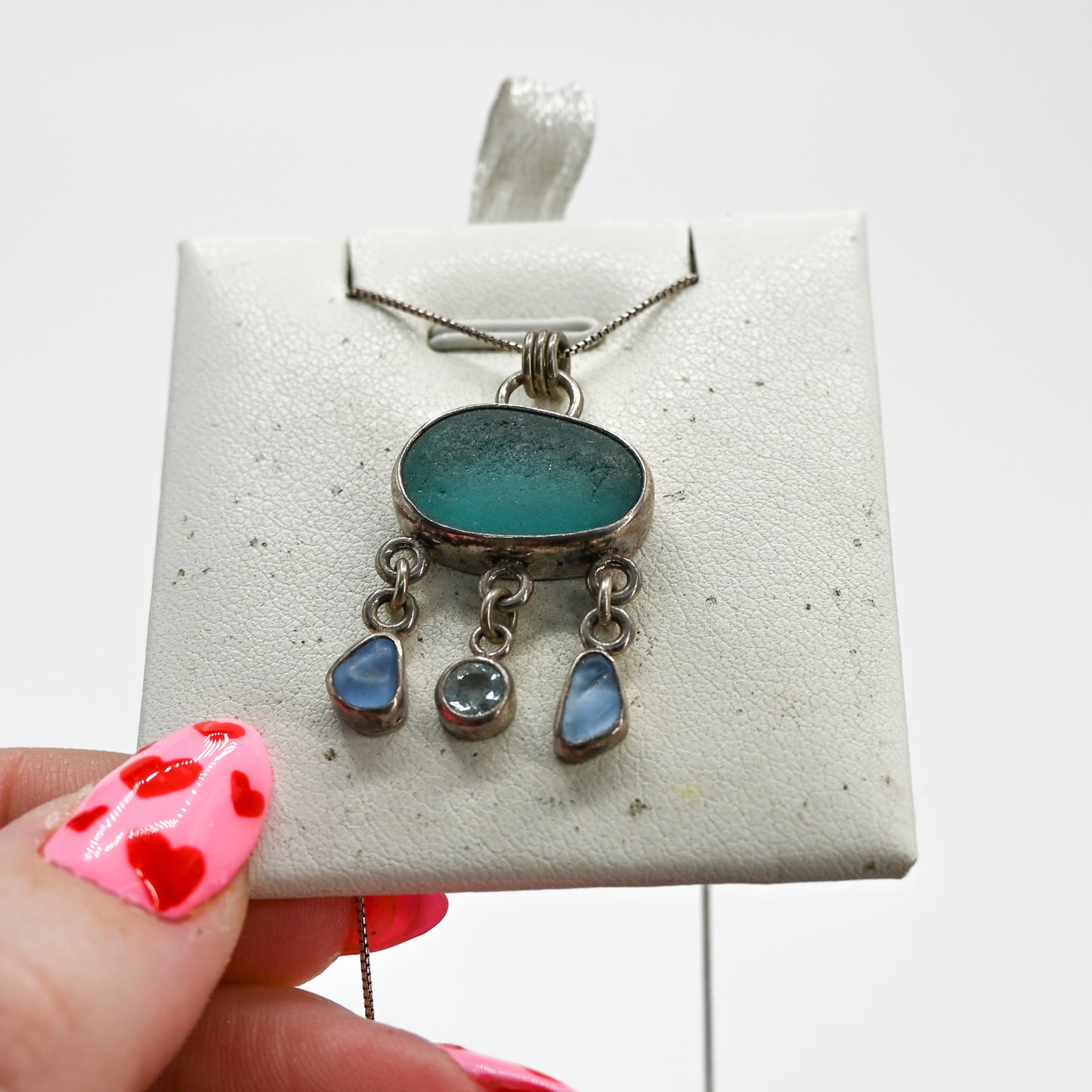 XL aqua sea glass with cornflower and aquamarine dangles