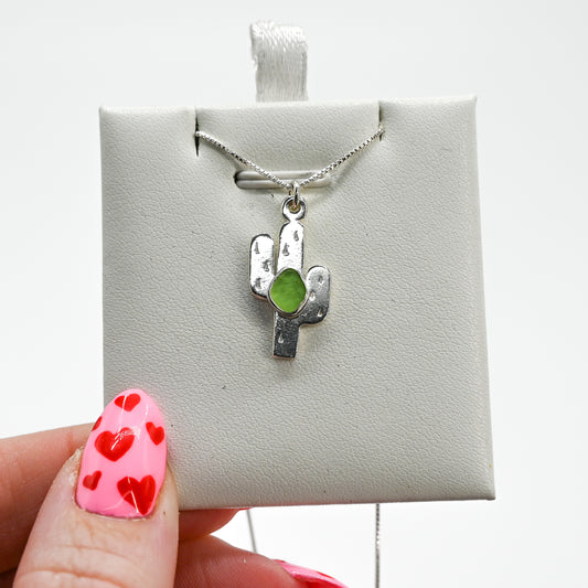 Cactus and lime green sea glass necklace