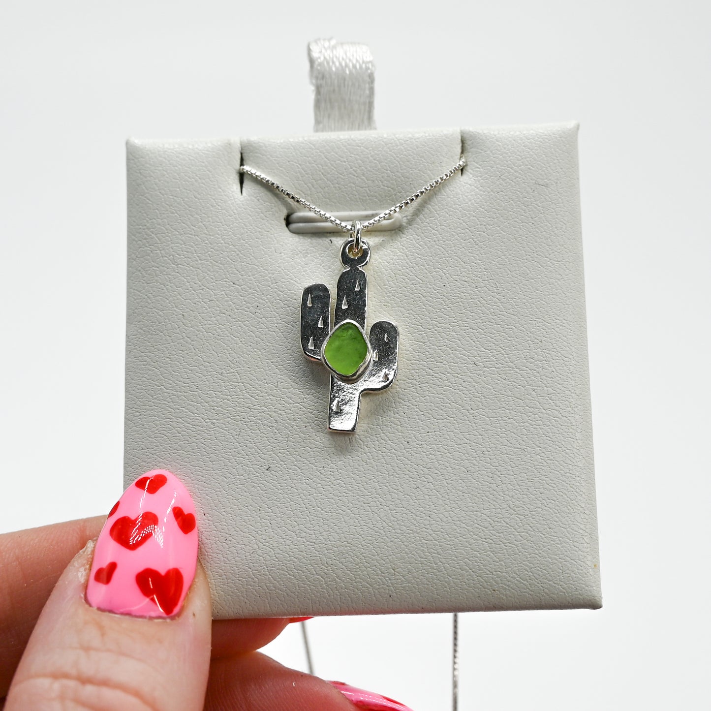 Cactus and lime green sea glass necklace