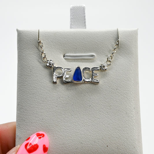 Cobalt sea glass peace necklace
