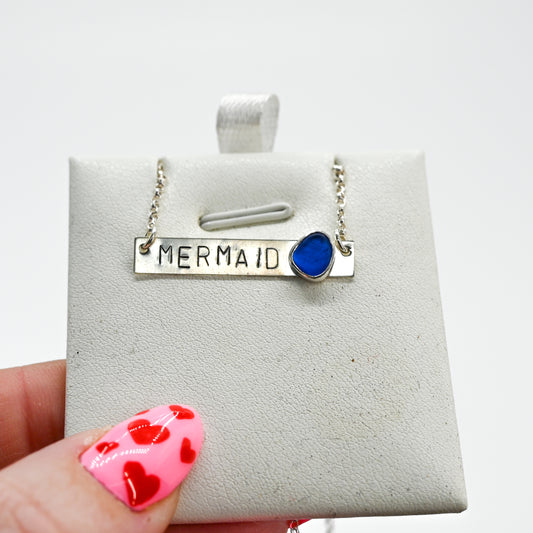 Mermaid bar necklace with cobalt sea glass necklace