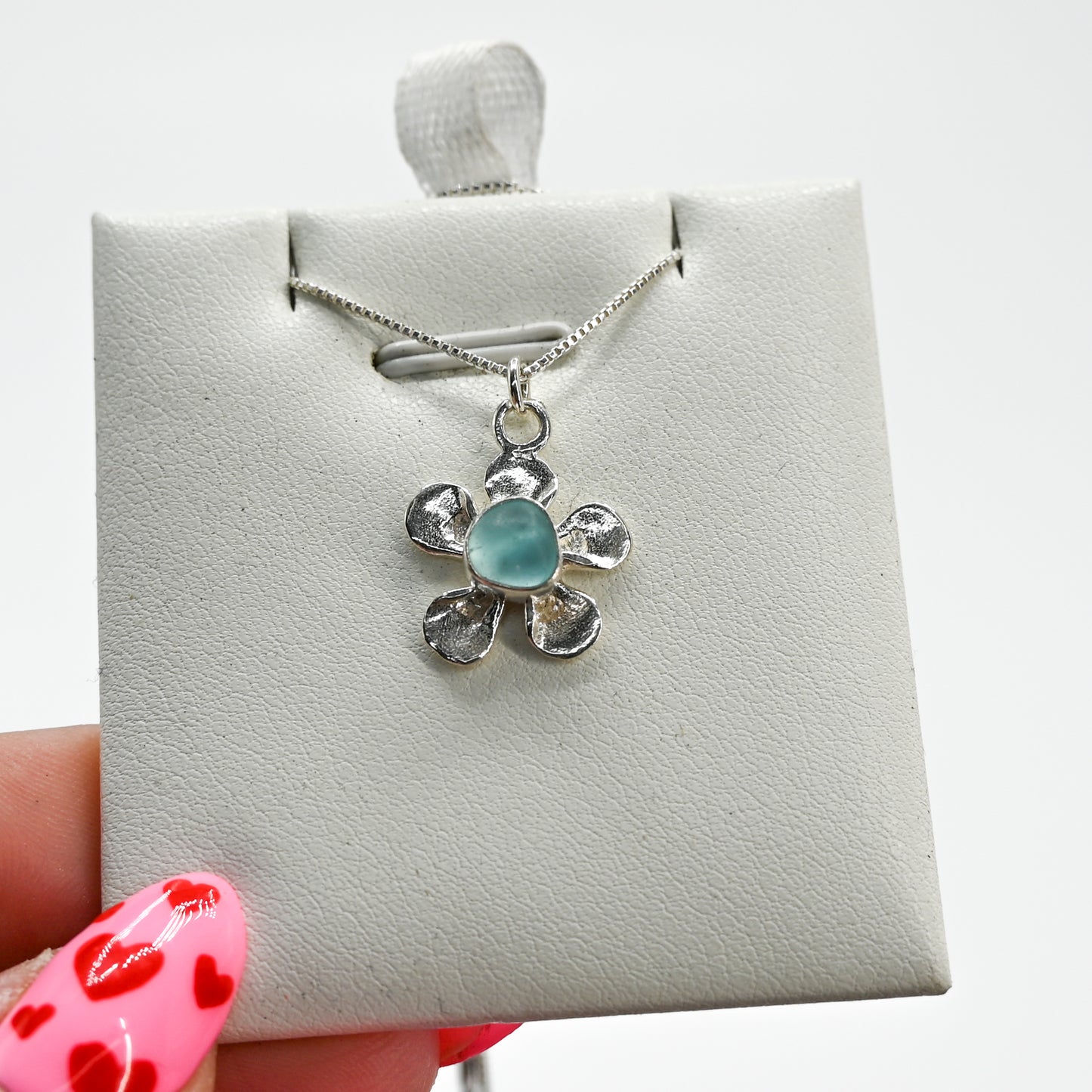 Aqua sea glass flower necklace