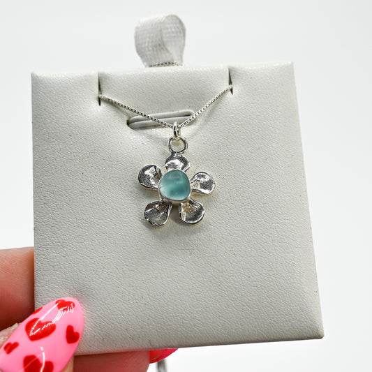 Aqua sea glass flower necklace