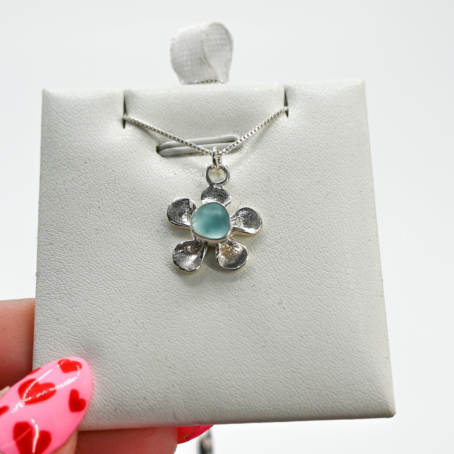 Aqua sea glass flower necklace