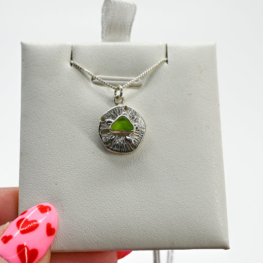 Lime green sea glass sand dollar necklace