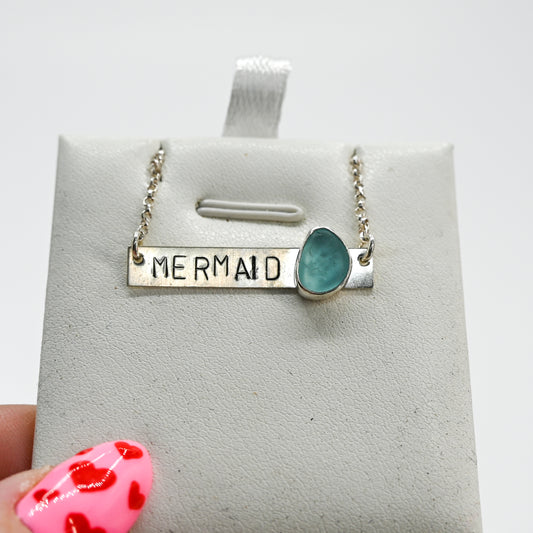 Mermaid bar necklace aqua sea glass necklace