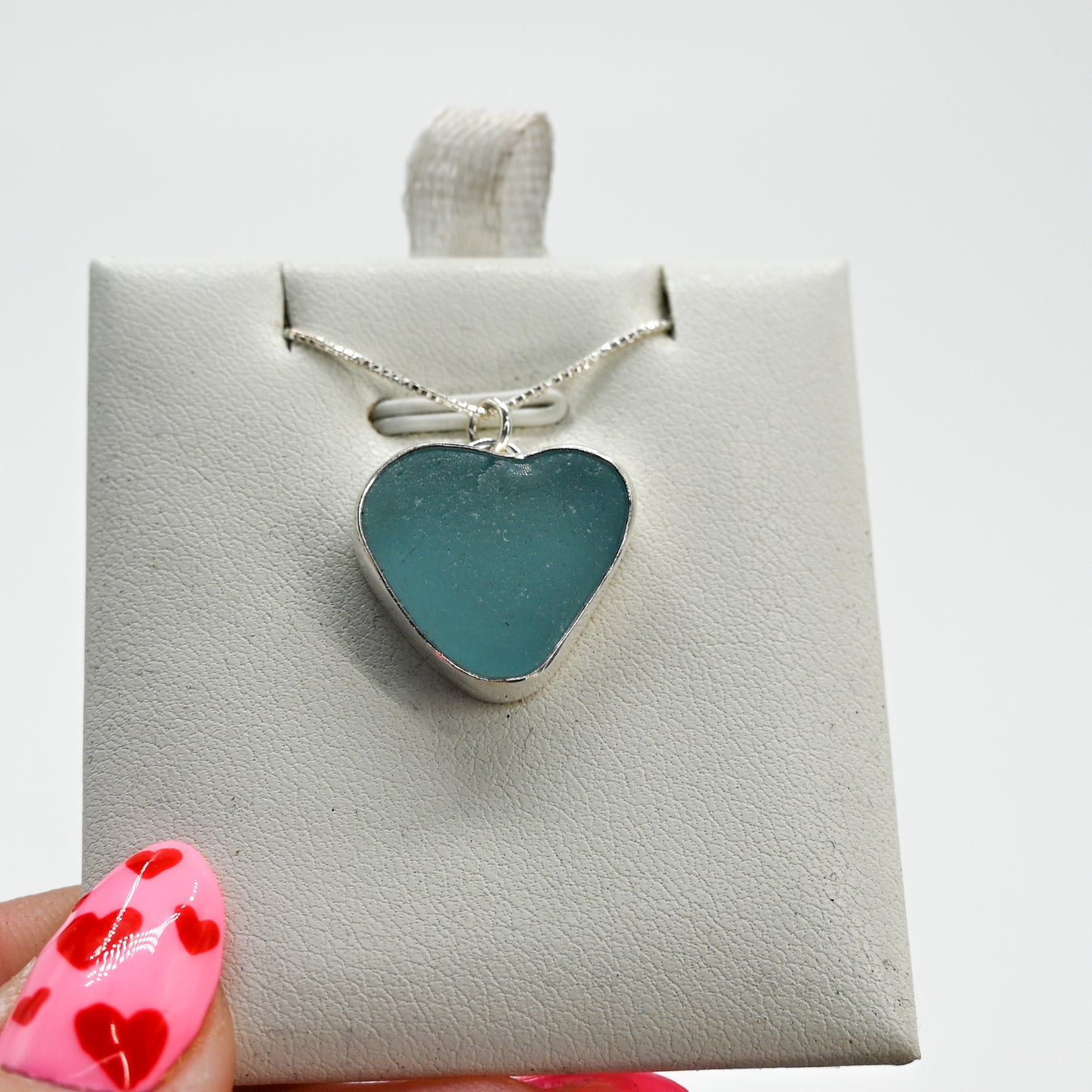 Large aqua sea glass heart necklace