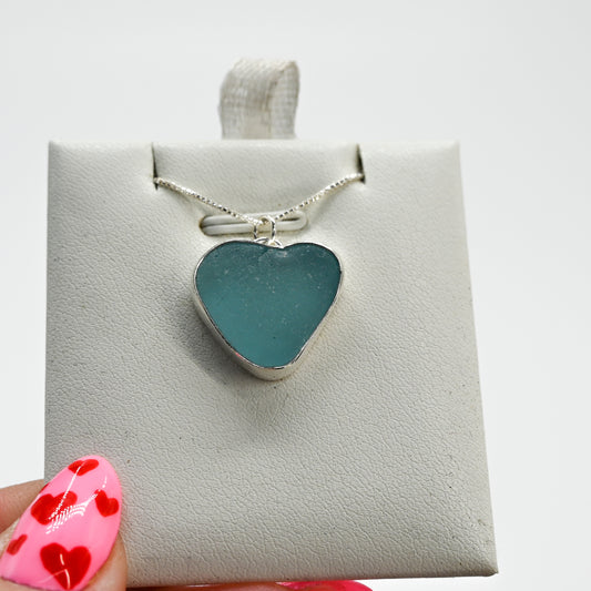 Large aqua sea glass heart necklace