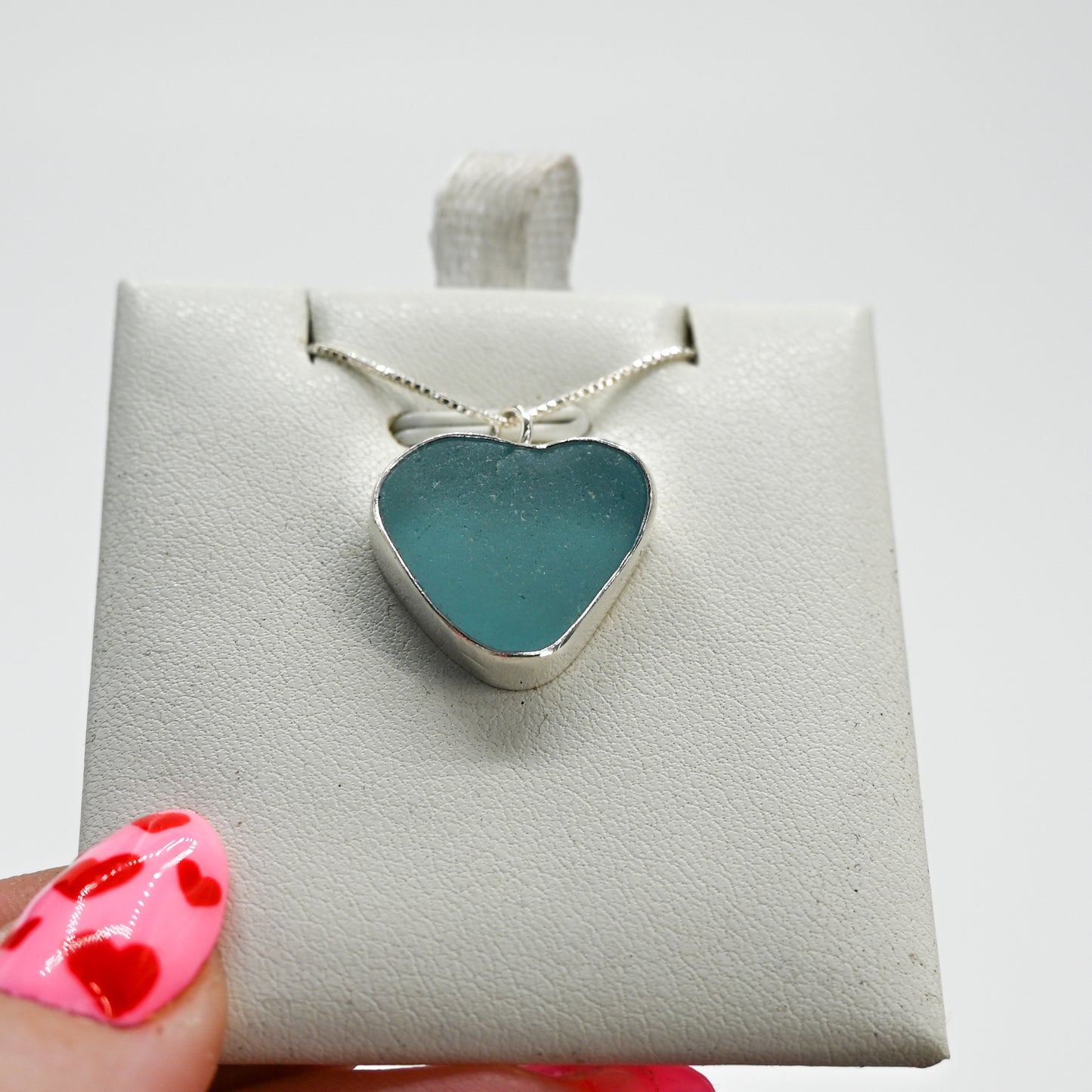 Large aqua sea glass heart necklace