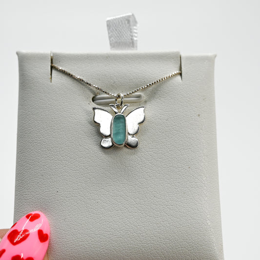 Butterfly with aqua sea glass necklace