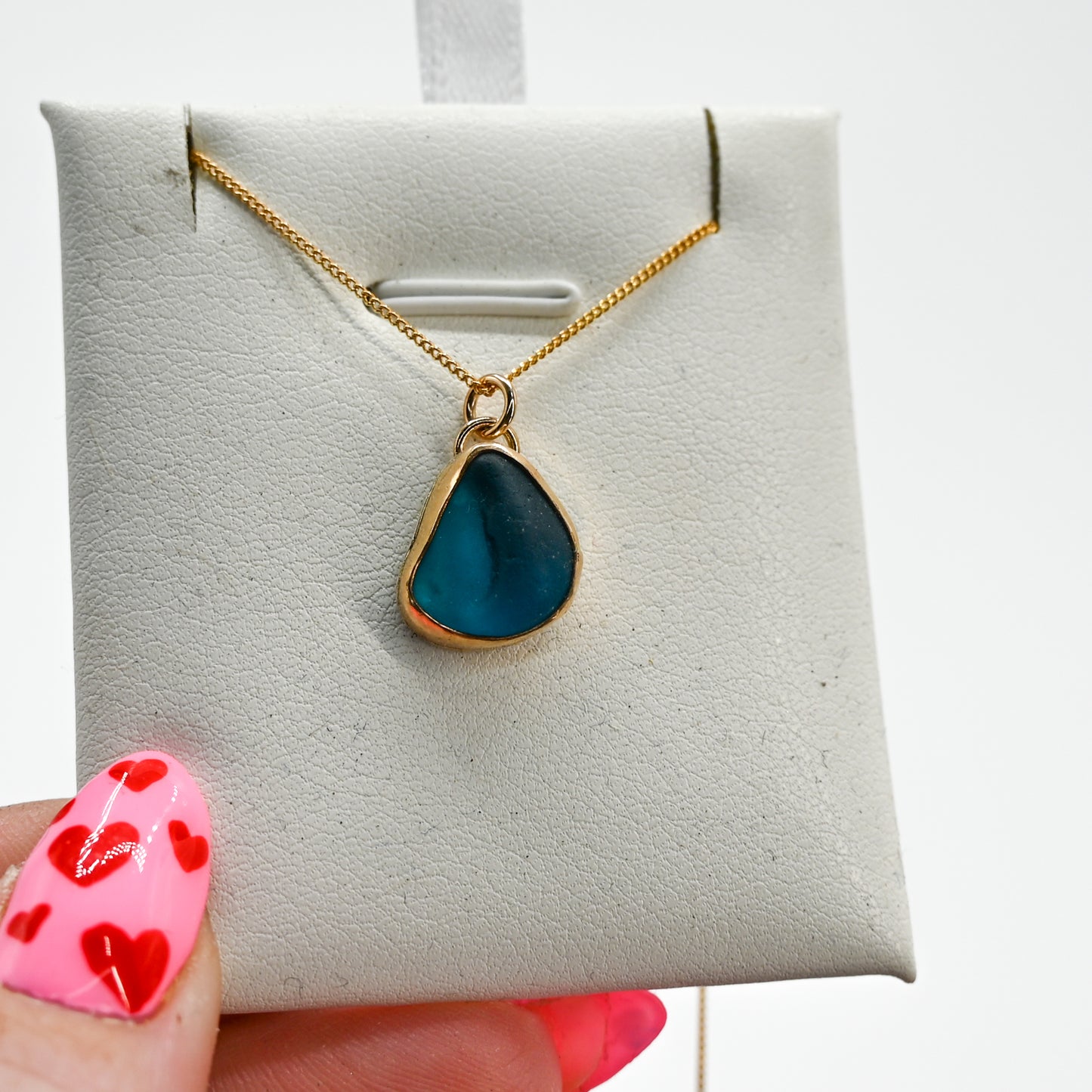 Gold fill very rare teal sea glass necklace