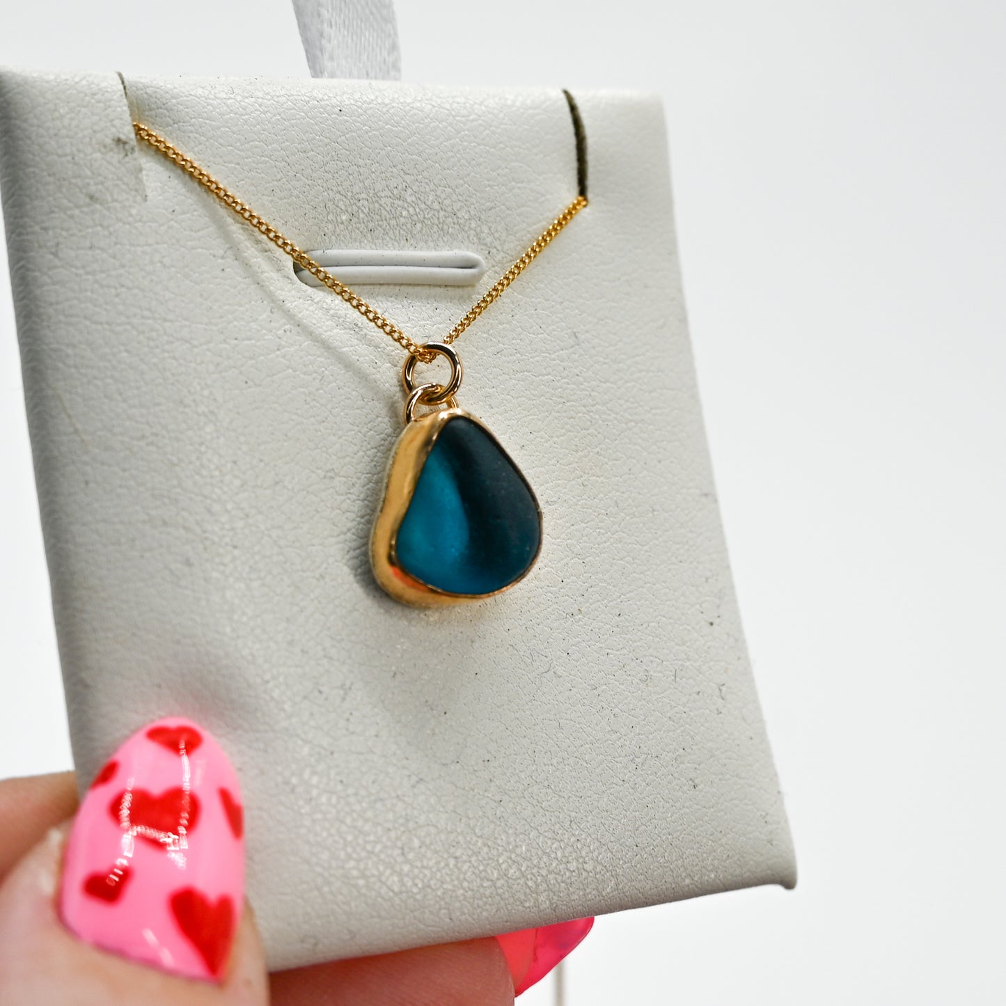 Gold fill very rare teal sea glass necklace